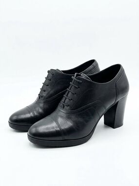 Geox Black Leather Lace-Up Block Heel Booties Size 8